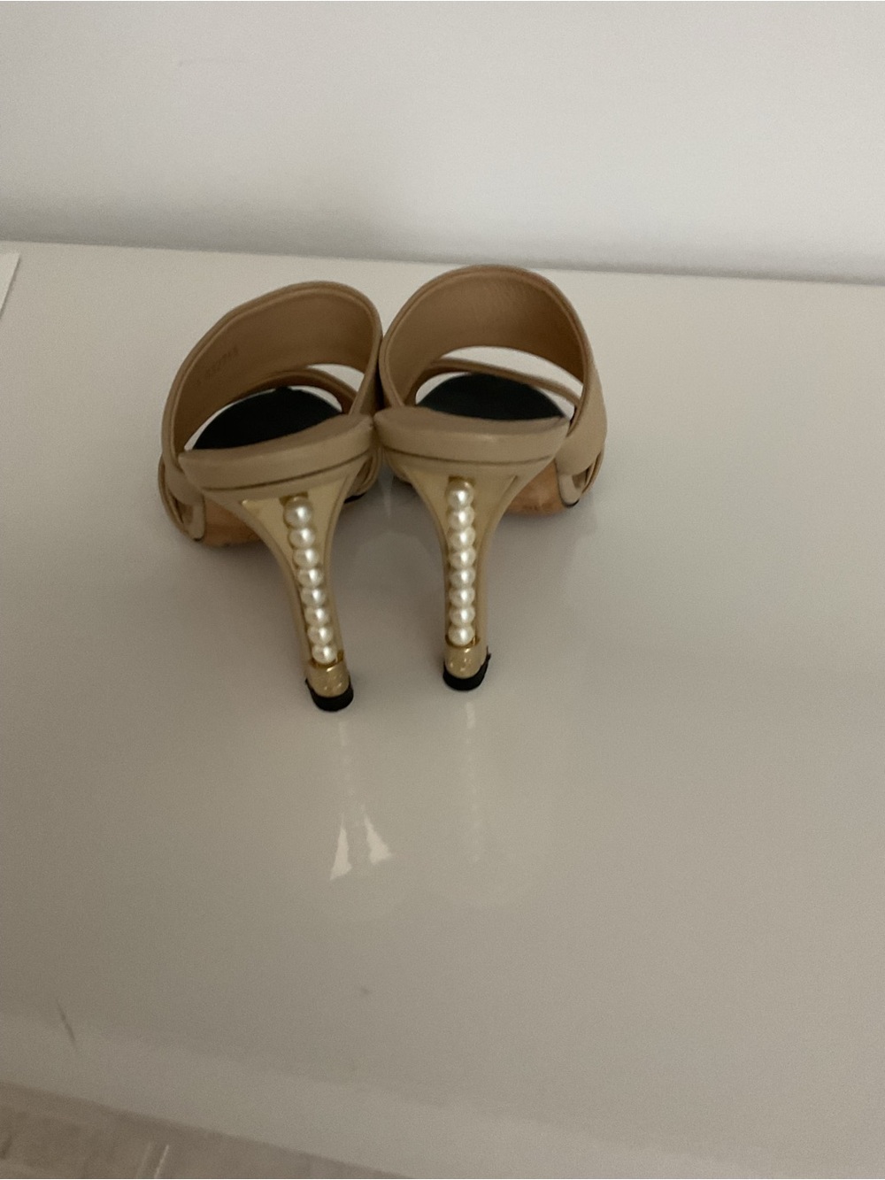 CHANEL Beige and Black Open-Toe Slide Sandals with Pearl-Embellished Heel - Picture 6 of 7
